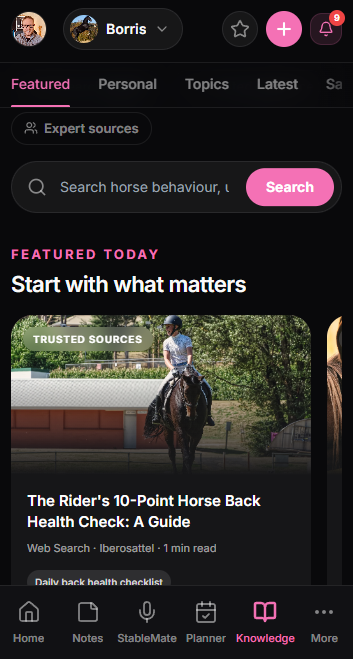 Equine Influence personalised knowledge screen